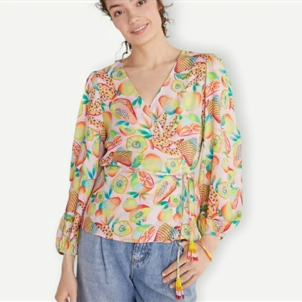 Anthropologie Farm Rio Tropical Fruit Print Beaded Wrap Top Small - Picture 9 of 14
